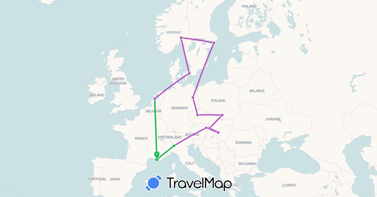 TravelMap itinerary: driving, bus, train in Austria, Czech Republic, Germany, Denmark, France, Hungary, Italy, Netherlands, Norway, Poland, Sweden, Slovakia (Europe)